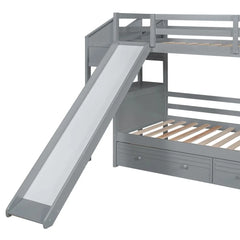 Wood Twin Over Twin Bunk Bed with Desk and Slide,Drawers Bookcase and Storage Staircase for Kids, White