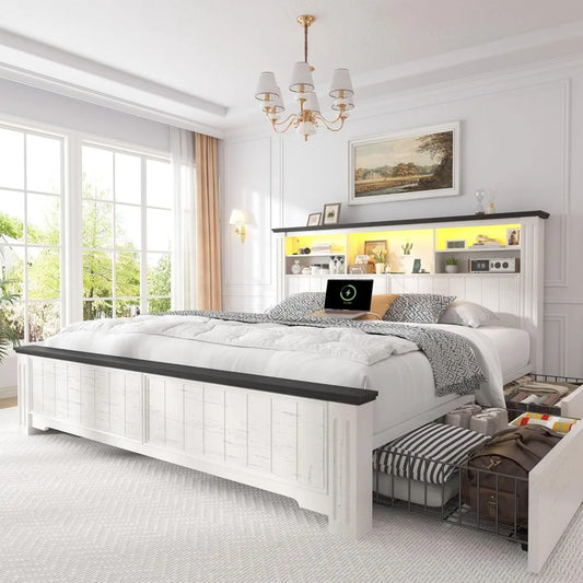 EnHomee Queen Bed Frame with Headboard and Storage, 4 Drawers & LED & USB Bed Frame Queen Size with Storage Farmhouse, Built in