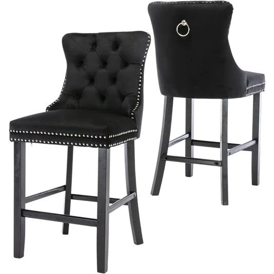 Counter Height Bar Chairs Set of 2, 27" Modern Velvet Bar Stools with Button Decor, Nailhead Trim, Solid Wooden Legs, Beige