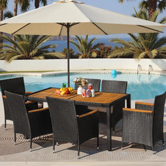 7 piece outdoor patio dining set, conversation set, 1 table and 6 rattan chairs, curved acacia wood armrests and cushions, black