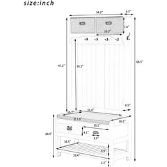 Hall Tree with 4 Metal Hooks, 2 Sliding Drawers, Top Shelves and Shoes Storage Shelf, Hallway Coat Rack Entryway Bench
