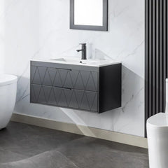 36" Bathroom Vanities Cabinet with Sink Combo, Wall Mounted Floating Cabinet W/Decor Line, Soft-Close System, 2 Extra Big Drawe