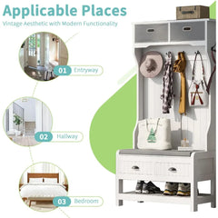 Hall Tree with 4 Metal Hooks, 2 Sliding Drawers, Top Shelves and Shoes Storage Shelf, Hallway Coat Rack Entryway Bench
