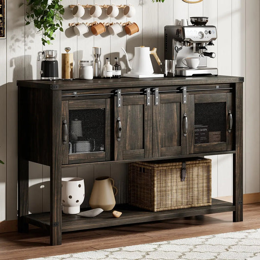 Farmhouse Coffee Bar Cabinet with Sliding Barn Doors – Rustic Buffet Sideboard for Kitchen & Dining