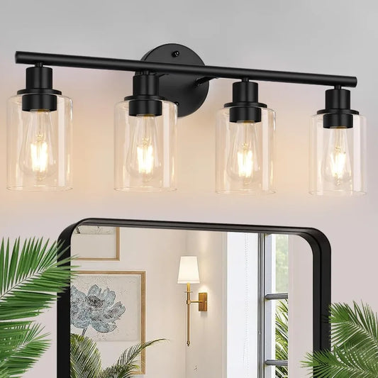 4-Light Bathroom Light Fixtures, Matte Black Modern Vanity Lights Over Mirror with Clear Glass Shade, Bathroom Wall Lamp