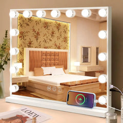 Vanity Mirror with Lights & Bluetooth Speaker, 15 Dimmable Bulbs, Touch Screen, USB Charging, 3 Color Modes