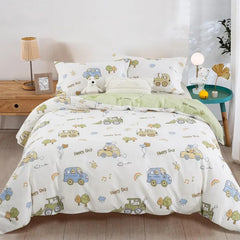 Kids Duvet Cover Set Full Size, Cotton Cartoon Car Truck Bedding Set for Boys Girls, 3 Pieces Soft Breathable White Yellow Plaid