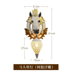 Nordic Resin Horse Head Decor Wall Sconce with Iron Nest Crystals Shade LED E27 Hanging Light Aisle Wall Lamp Entrance Lighting