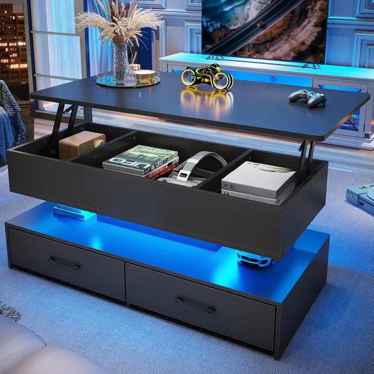 40" Lift Top Coffee Table, Coffee Tables with Storage for Living Room, Small Coffee Table with 2 Drawers & LED Light