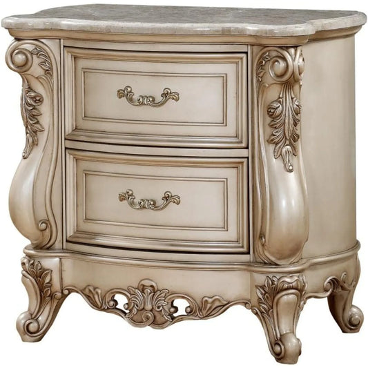 Gorsedd 2-Drawer Wooden Nightstand with Marble Top, Golden Ivory Finish