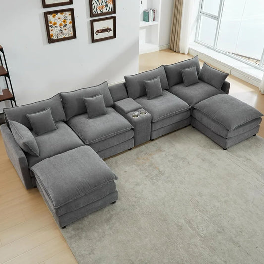 145" U Shaped Cloud Couch Sectional for Living Room, Oversized Modern Modular Sofa with Movable Ottoman, Comfy Fluffy Chenille