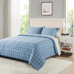 7 Piece Reversible Bed in a Bag Comforter Set with Sheets, Blue Checker, Full