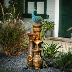 Resin Pedestal Garden Water Fountain with LED Light for Backyard, Outdoor Water Fountains