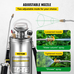 VEVOR 2Gal Stainless Steel Sprayer Hand Pump Sprayer with Pressure Gauge&Safety Valve Adjustable Nozzle for Gardening Sanitizing
