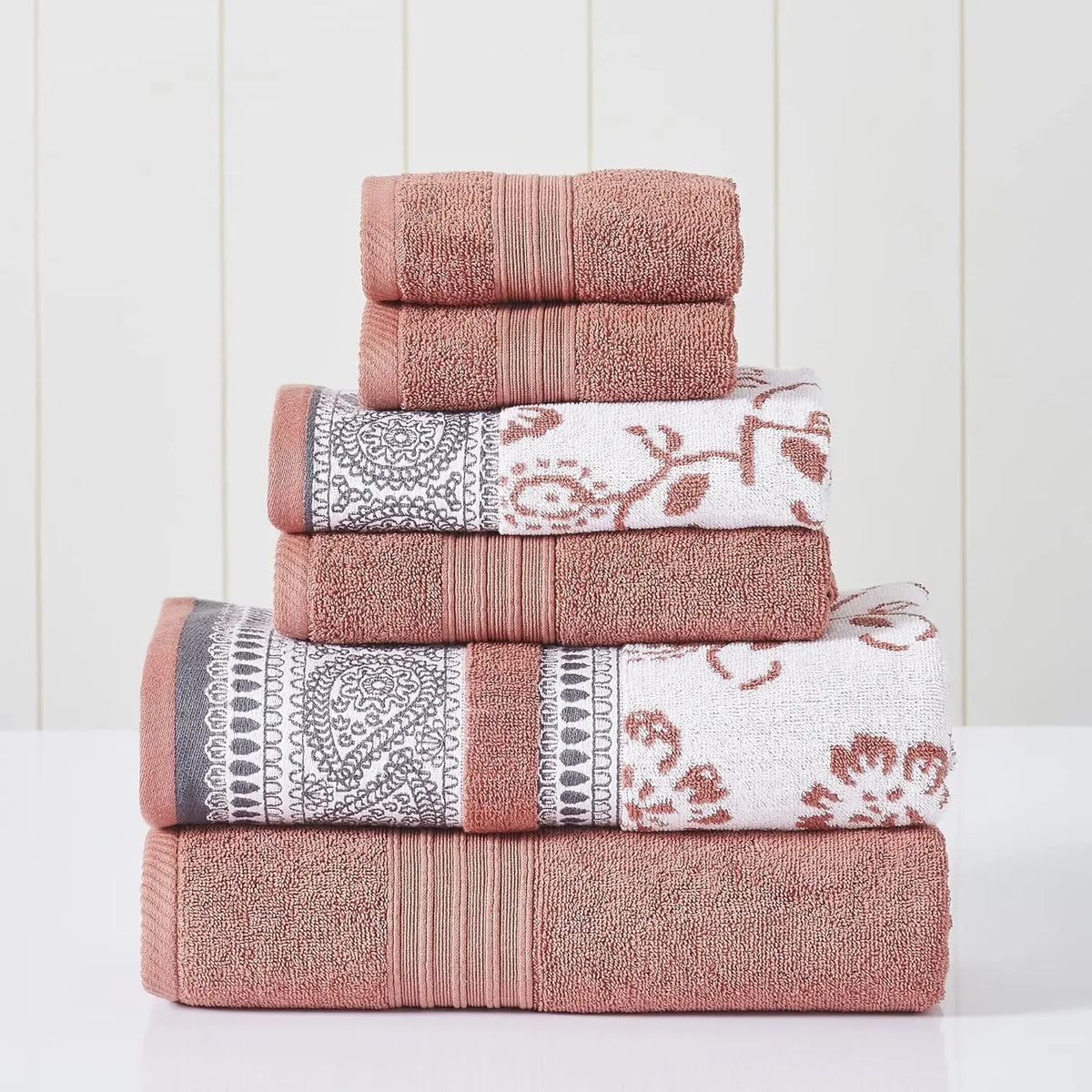 6 Piece Set, 2 Bath Towels, 2 Hand Towels, 2 Washcloths Yarn Dyed Jacquard/Solid Towel Set Ophelia Blue
