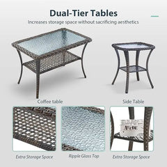 5 Piece Patio Furniture Set - Wicker Patio Conversation Set with Swivel Glider, 3 Seat Sofa, Tempered Glass Side Table and Coffe