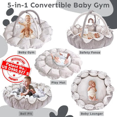 5-in-1 Thick & Plush Baby Play Gym, Baby Play Mats for Floor, Tummy Time Mat with 6 Toys, Cat Bed, Dog Bed, Cats Toys