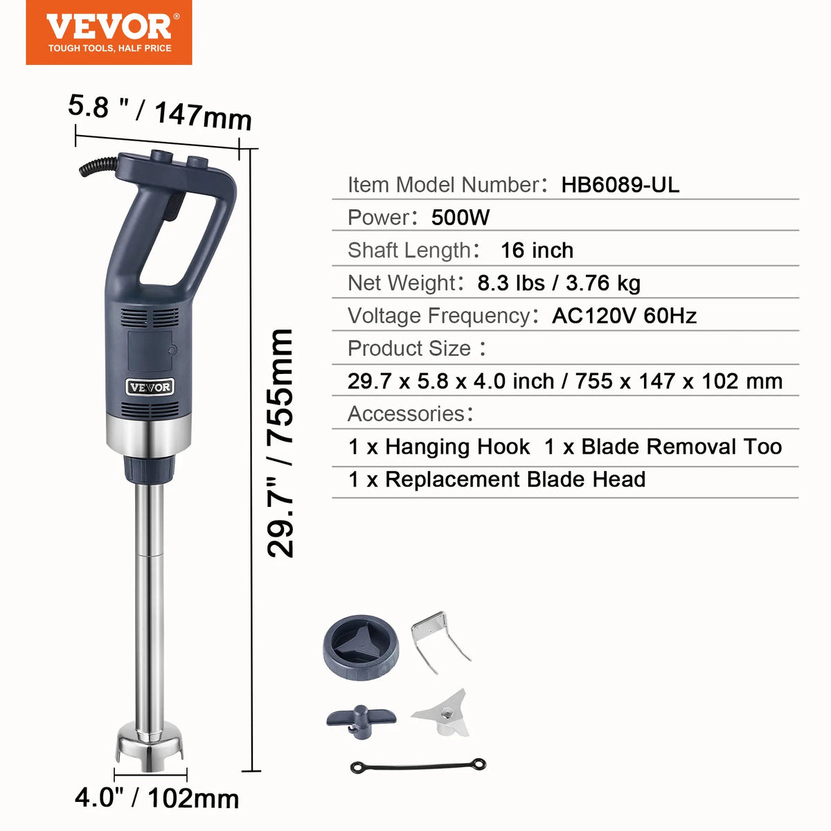 SucceBuy Commercial Immersion Blender 500W 16inch Stepless Variable Speed Multi-Purpose for Soup Sauces Mashed Potatoes Cream