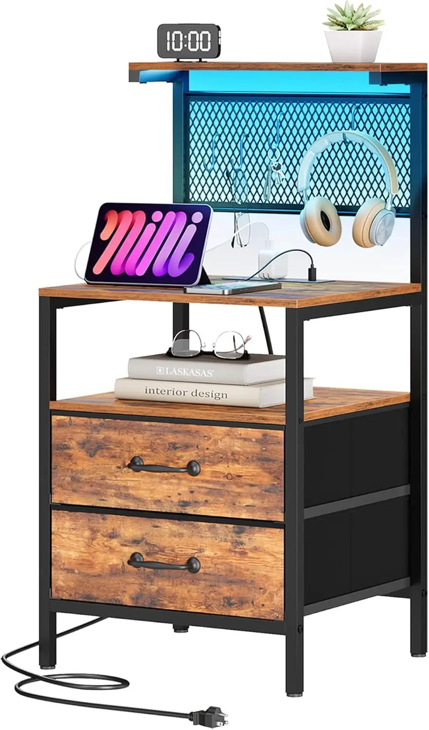 Tall Nightstand with Charging Station and LED Lights, Large Night Stands with Fabric Drawers, Bedside Table with Storage Shelves