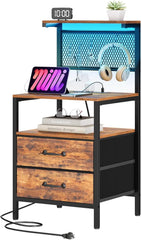 Tall Nightstand with Charging Station and LED Lights, Large Night Stands with Fabric Drawers, Bedside Table with Storage Shelves