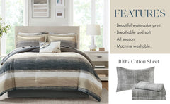 King Comforter Set, Bed in a Bag King, Watercolor Print Coastal Comforter & Chambray Cotton Sheet Set, All Season Bedding Set