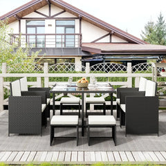 9 Pieces Patio Dining Sets Outdoor Conversation Sets, Space Saving Wicker Chairs with Glass Table and Ottomans,Cushioned Seating