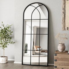 Mirror Full Length, 71"x32" Large Arched Mirror, Window Pane Wall Black Body Oversize Farmhouse Standing Hanging or Leaning