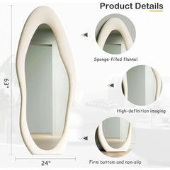Full Length Mirror, 63" x 24" Wall Mirror, Flannel Wrapped Wooden Frame ,Leaning Against Wall for Living Room, White