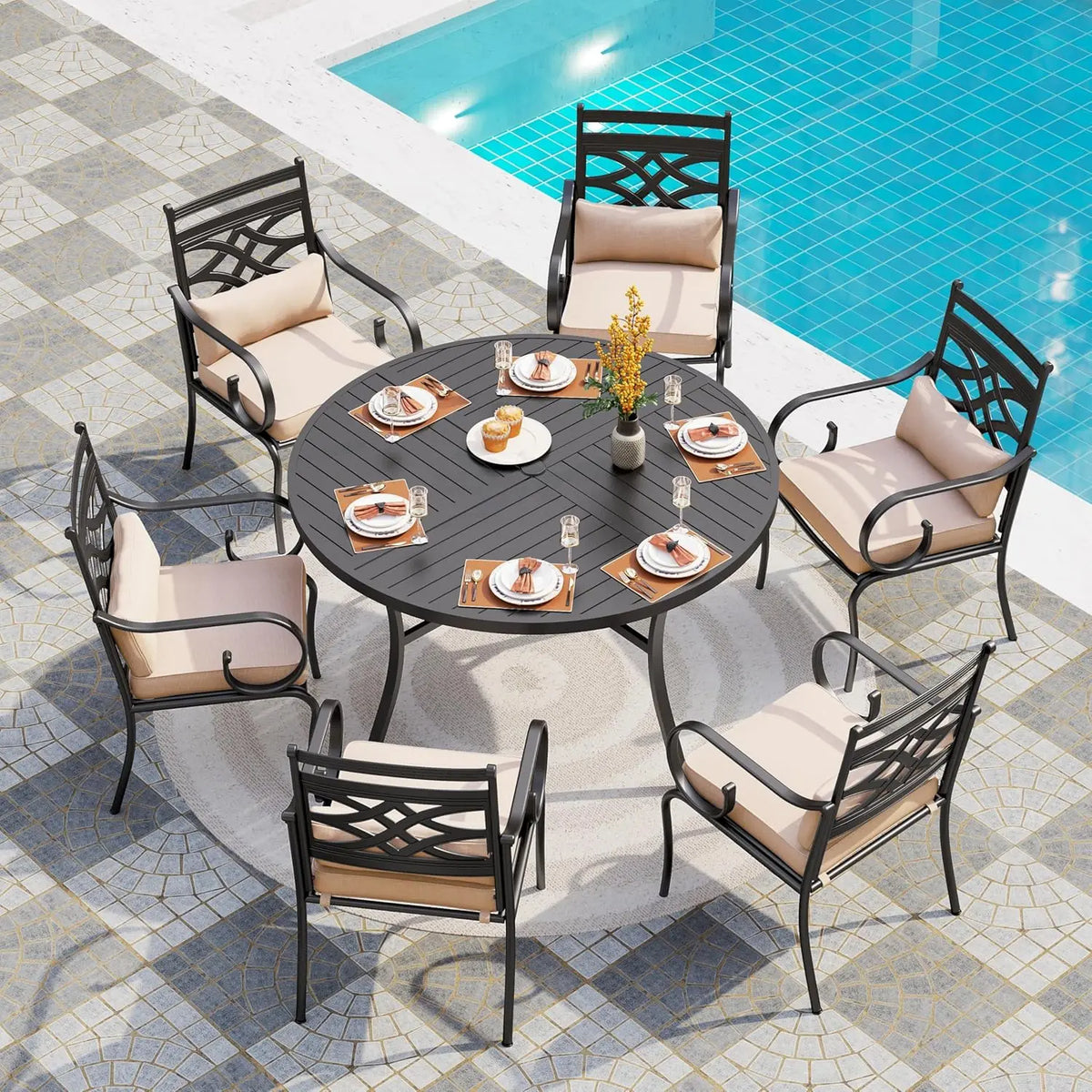 7 Pcs Patio Dining Sets, Outdoor Table Chair Set for 6 with Swivel Chairs and Steel Round Table, Outdoor Dining Furniture