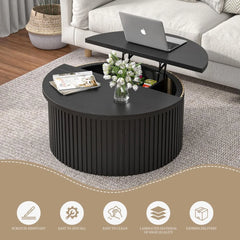 Lift Top Coffee Table with Storage, Round Coffee Tables for Living Room, 34.6In Farmhouse Fluted Coffee Table, Wood Center Table