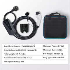Level 2 Portable EV Charger 32 Amp 240V Electric Vehicle Charger with 28 ft Charging Cable NEMA 1450P Plug 16 20 24 32A Adjust