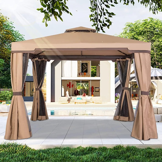 10' x 10' All-Season Permanent Soft-Top Patio Gazebo, Outdoor Gazebo Canopy with Net Drapery Mosquito Netting and Shade Curtains
