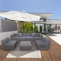 7 Piece Outdoor Patio Furniture Set with Cushions, PE Rattan Wicker Modular Patio Sofa Set with Coffee Table, and Two Pillows