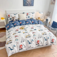 Kids Duvet Cover Set Full Size, Cotton Cartoon Car Truck Bedding Set for Boys Girls, 3 Pieces Soft Breathable White Yellow Plaid