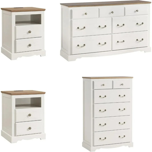 Farmhouse 4 Pieces Bedroom Sets Includes 7Drawers Dresser 6 Dresser Organizer, Two Nightstands with Charging Station Bedroom Set
