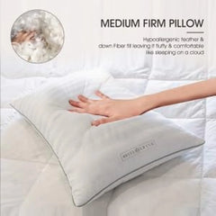 Bed Pillows 100% Cotton Soft Feather Down Pillows King Size Pillows Set of 2 Pack Hotel Collection Pillows for