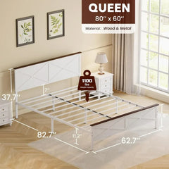 Queen Size Farmhouse Metal Platform Bed Frame with Headboard, Footboard & Under-Bed Storage