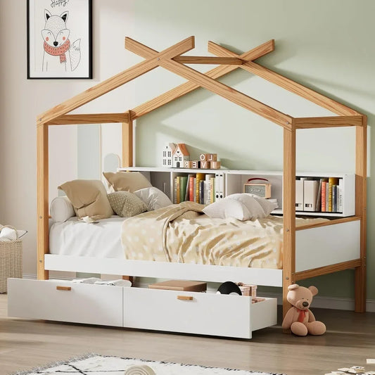 Full Size House Bed with Storage Drawers for Kids,Full Kids Bed Frame with Bookshelves,Wooden House Frame for Girls,Boys