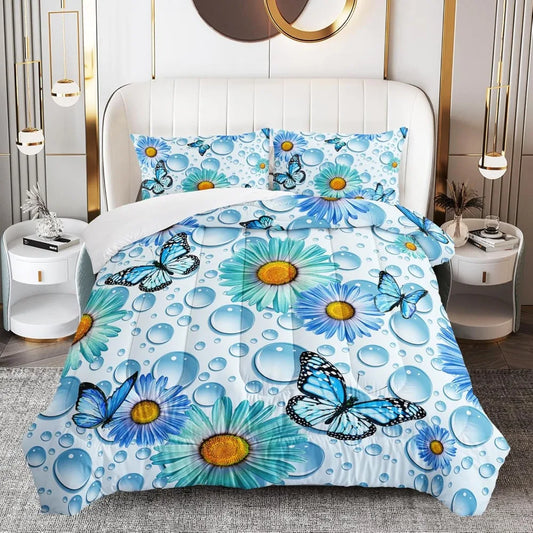 Blue Butterfly and Purple Butterfly Comforter Set Full Size, 3 Pieces Daisy Bedding Set for Girls and Adults, Duvet Cover Sets