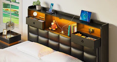 Queen Size Bed Frame with Drawers & Charging Station, Upholstered Platform Bed with LED Storage Headboard