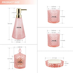 Pink Bathroom Accessories Set, 5Pcs Clear Glass Bathroom Set with Soap Dispenser, Soap Dish, Toothbrush Holder Set, Tumbler, Cot