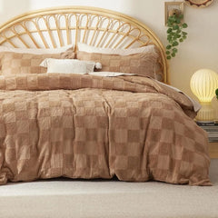 Boho Duvet Cover King Size - Checkered King Duvet Cover Set for All Seasons, 3 Pieces Soft Shabby Chic Embroidery Boho Bedding