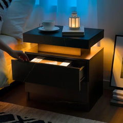 Nightstand LED Bedside Table for Bedroom Modern Night Stand with 2 Wood Drawers End Side Table for Bedroom