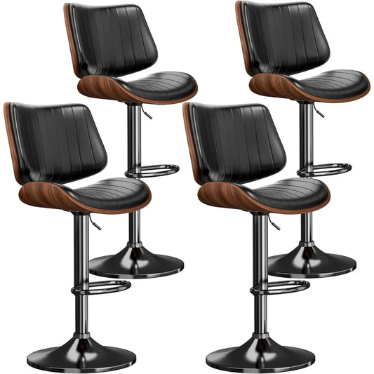 Swivel Bar Stools Set, Adjustable Bentwood Barstools for Kitchen Counter, Modern PU Leather Upholstered Bar Chair with Back