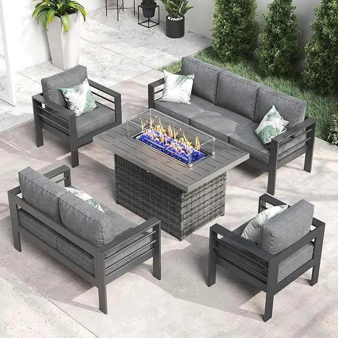 Aluminum Furniture Set with Fire Pit Table, Patio Sectional Conversation Chat Sofa Modern Seating Set