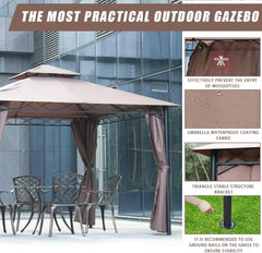 10 'x13' Outdoor terrace Terrace Heavy steel frame canopy, double roof, Privacy curtains (brown)