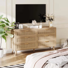 6 Drawer Double Dresser for Bedroom, Rattan Chest of Dressers, Modern Wooden Dresser Chest with Golden Handles,