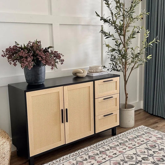Rattan Cabinet with Doors - Buffet Sideboard Cabinet with Drawers Credenza, 3 Door Storage Cabinet