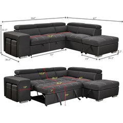 Microfiber Sectional Sleeper Sofa with Pull-Out Bed, Adjustable Headrests & Storage