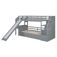 Wood Twin Over Twin Bunk Bed with Desk and Slide,Drawers Bookcase and Storage Staircase for Kids, White